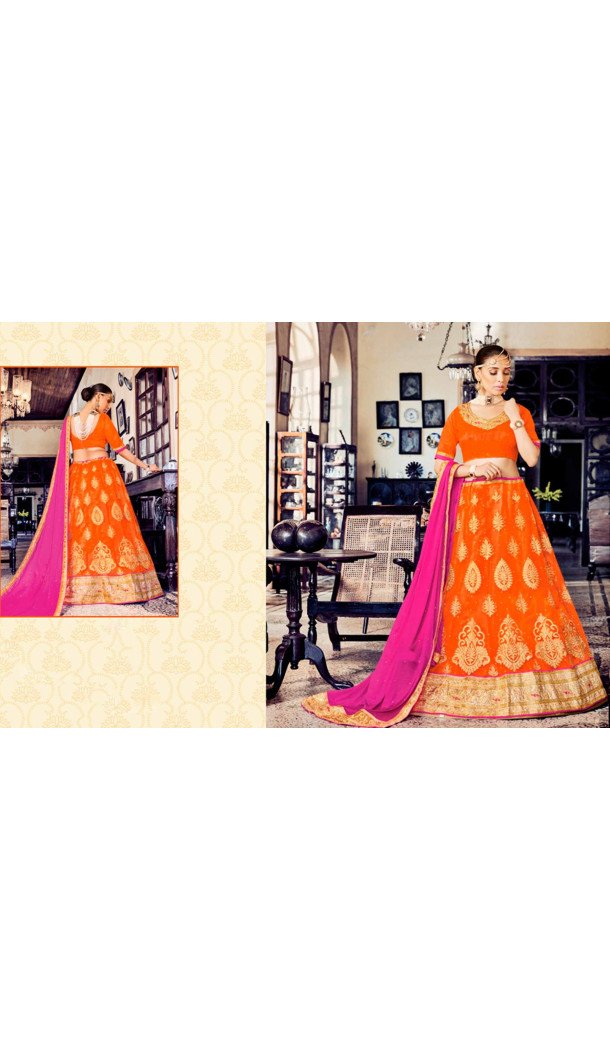A Line Style Orange Color Net Traditional Wear Lehenga Choli | FH531880388