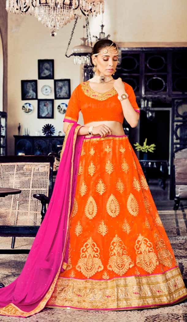 A Line Style Orange Color Net Traditional Wear Lehenga Choli | FH531880388