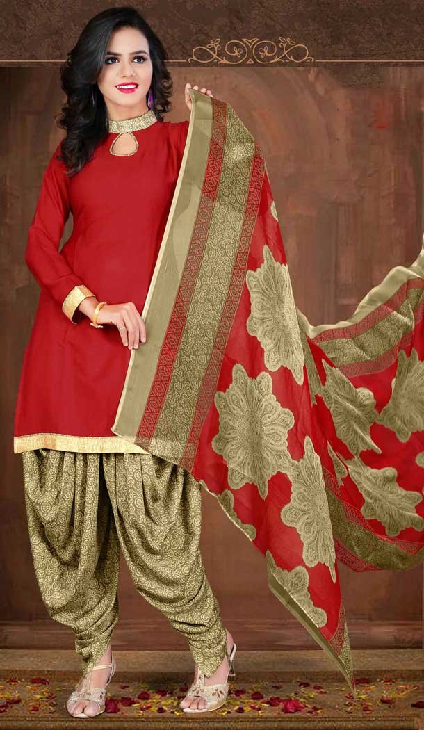 Red Color Crepe Silk Straight Cut Casual Wear Punjabi Patiyala Suit | FH535880783