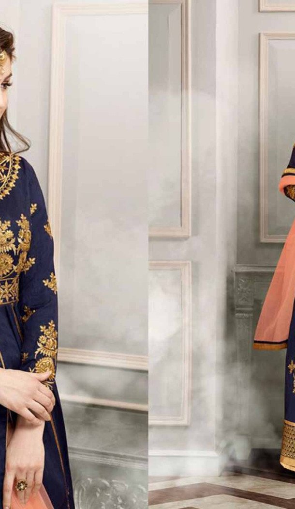 Navy Blue Color Silk Anarkali Style Party Wear Lehenga Suit | FH536280829