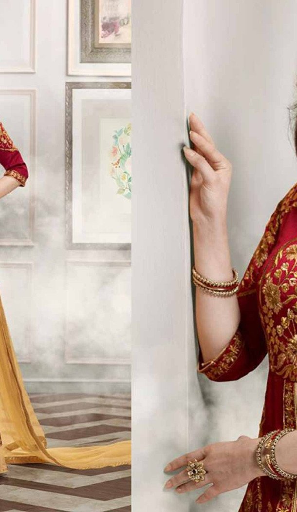 Crimson Color Silk Anarkali Style Party Wear Lehenga Suit | FH536280832