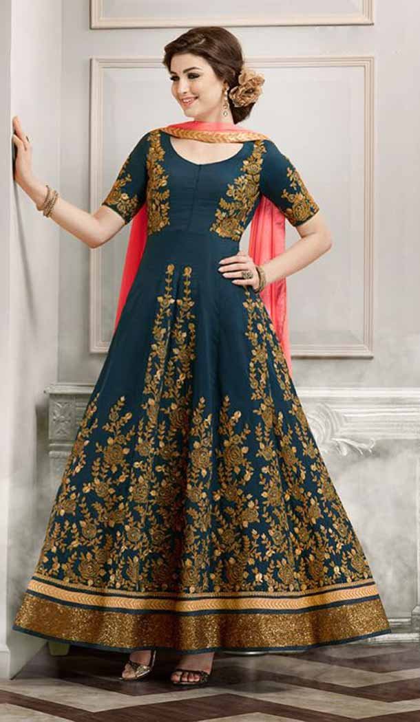 Navy Blue Color Silk Anarkali Style Party Wear Churidar Suit | FH536280835