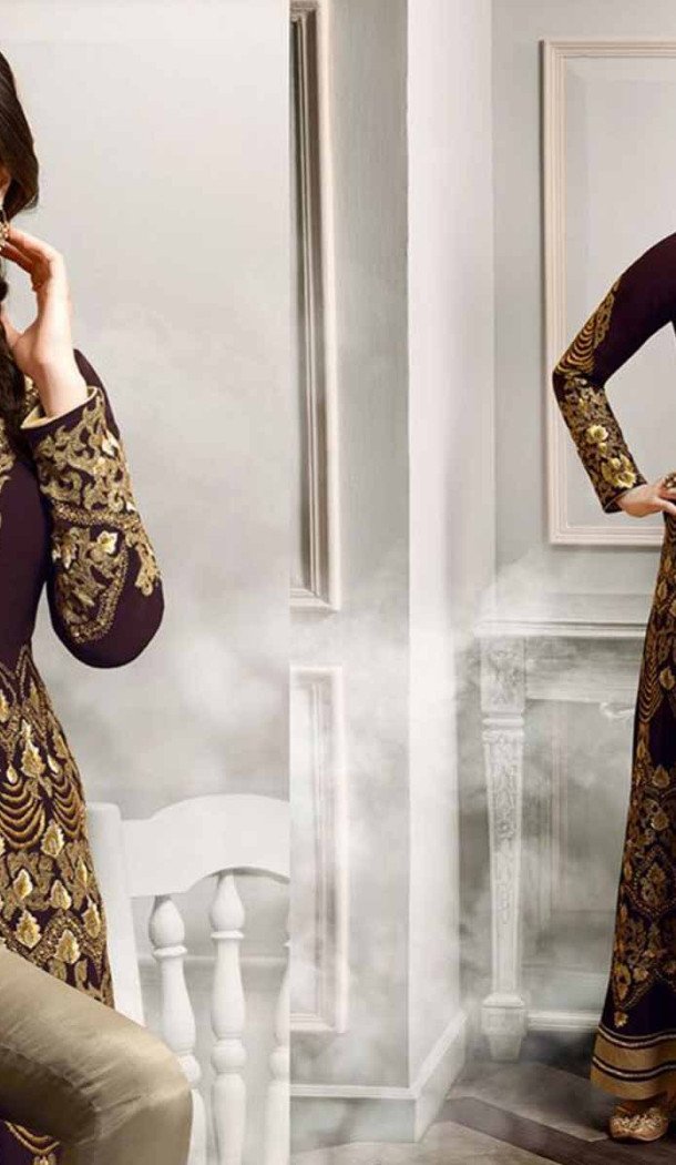 Maroon Color Silk Anarkali Style Party Wear Narrow Pants Suit | FH536280836