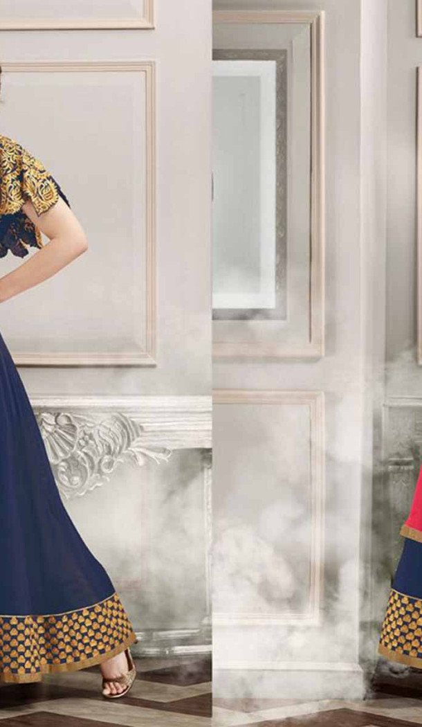 Blue Color Silk Anarkali Style Party Wear Narrow Pants Suit | FH536280837