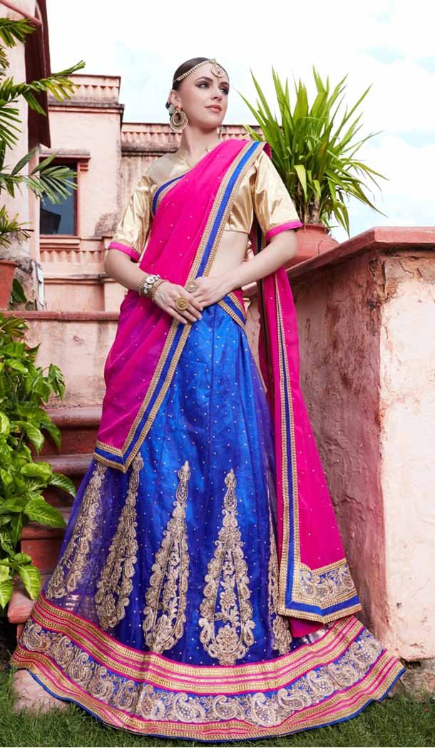 Circular Style Deep Blue Color Net Crystals Stones Work Lehenga Choli | FH536880930