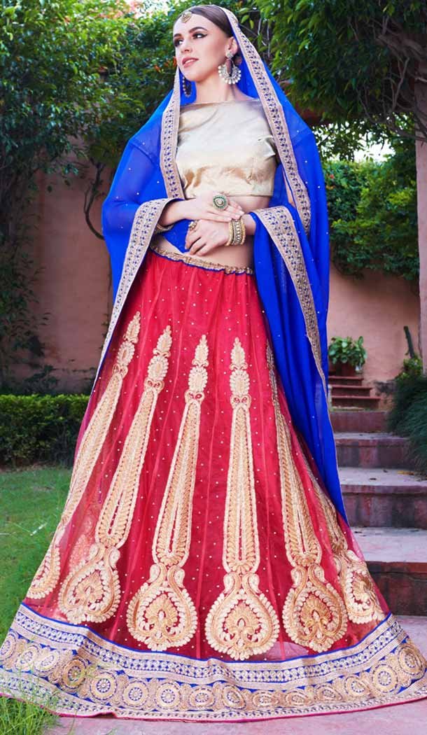 Circular Style Crimson Color Net Crystals Stones Work Lehenga Choli | FH536880931