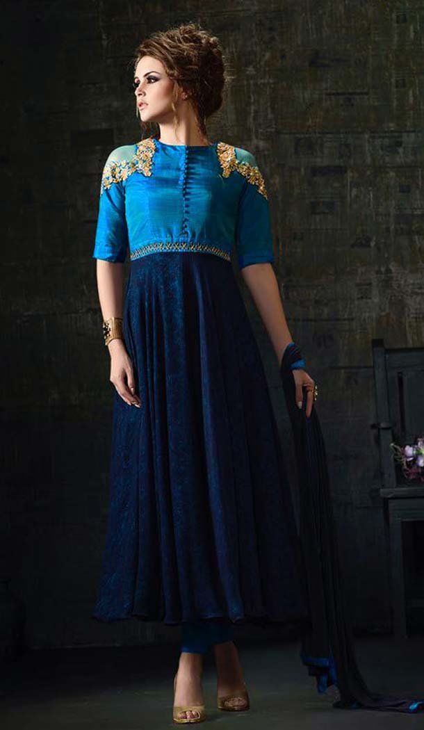 Aqua Blue Color Georgette Anarkali Style Churidar Kameez | FH539081143