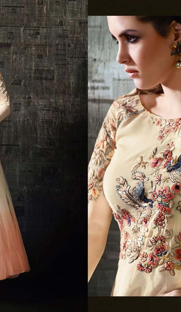 Cream Color Georgette,Net Anarkali Style Churidar Kameez | FH539081144