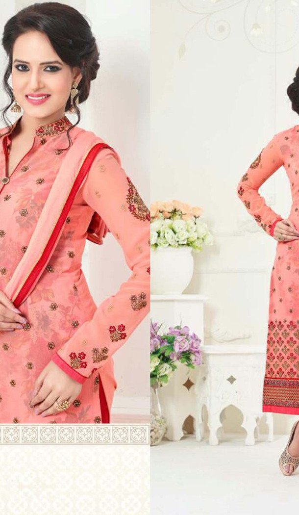 Salmon Color Georgette Straight Cut Evening Wear Chudidar Kameez | FH540181236