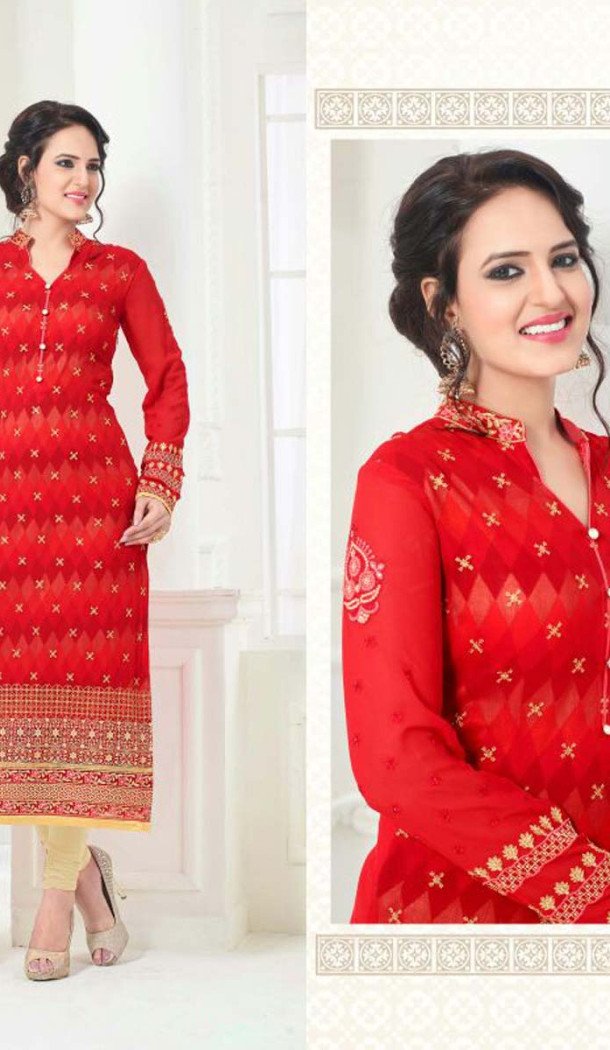 Red Color Georgette Straight Cut Evening Wear Chudidar Kameez | FH540181238