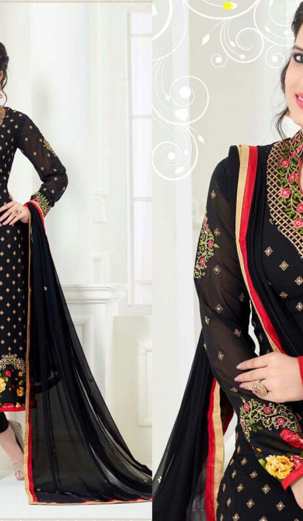 Black Color Georgette Straight Cut Evening Wear Chudidar Kameez | FH540181239