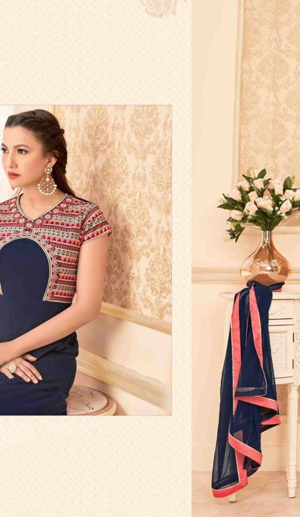 Navy Blue Color Georgette Long Anarkali Style Pakistani Salwar Kameez | FH542681466