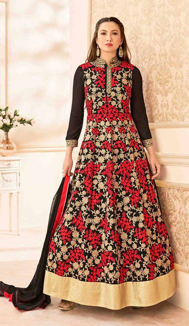 Black Color Georgette Long Anarkali Style Pakistani Salwar Kameez | FH542681467