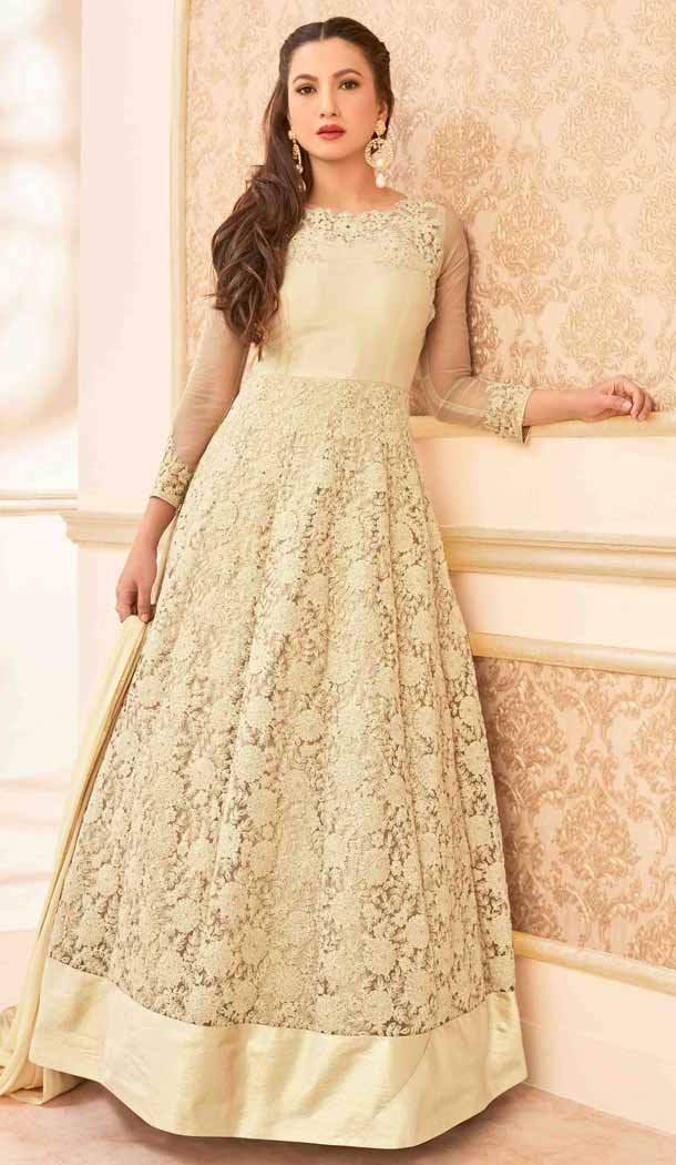 Beige Color Georgette Long Anarkali Style Pakistani Salwar Kameez | FH542681468