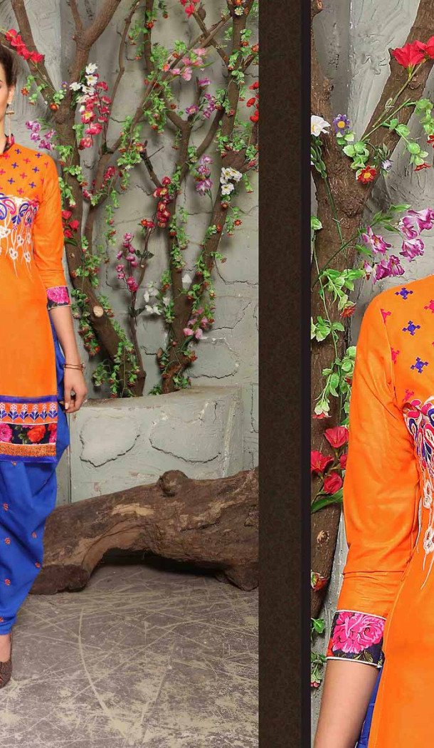 Orange Color Cotton Straight Cut Daily Wear Punjabi Patiyala Dresses | FH543681597