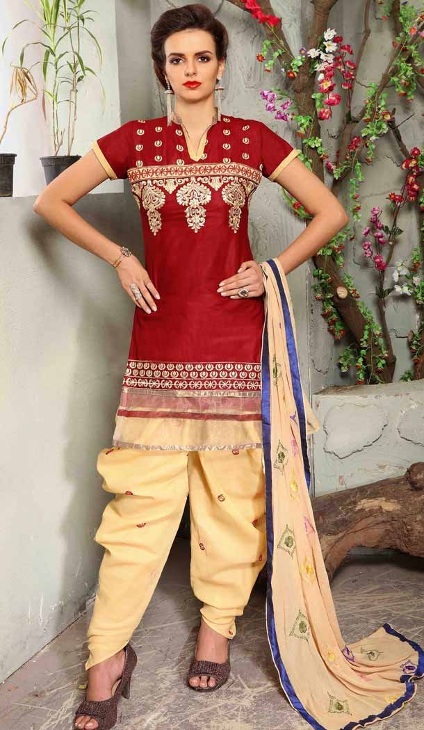 Red Color Cotton Straight Cut Daily Wear Punjabi Patiyala Dresses | FH543681598