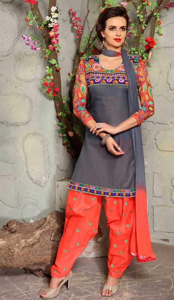 Grey Color Cotton Straight Cut Daily Wear Punjabi Patiyala Dresses | FH543681600