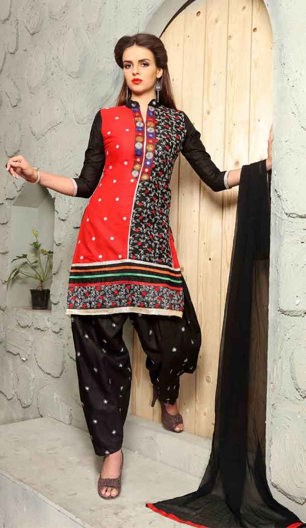 Red Color Cotton Straight Cut Daily Wear Punjabi Patiyala Dresses | FH543681606