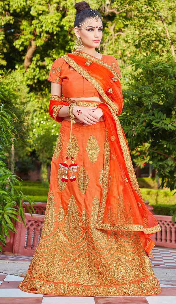Orange Color Silk A Line Style Traditional Lehenga Choli | FH546981959