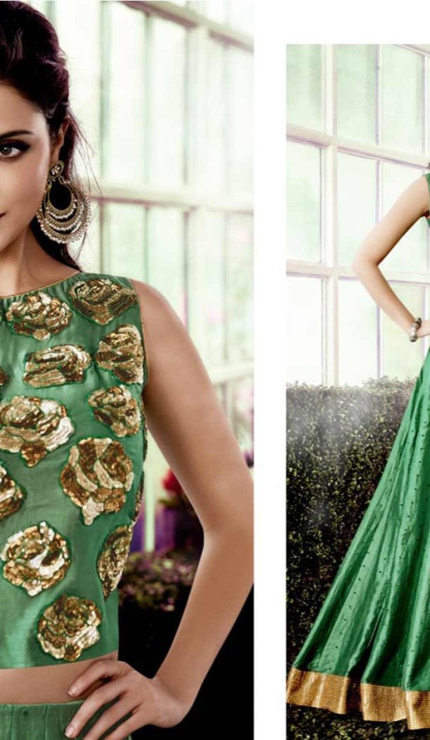 Emerald Color Chanderi Silk Circular Style Party Wear Lehenga Choli | FH548382142