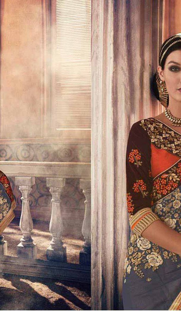 Slate Grey Color Georgette Designer Wear Style Saris Blouse | FH548982213