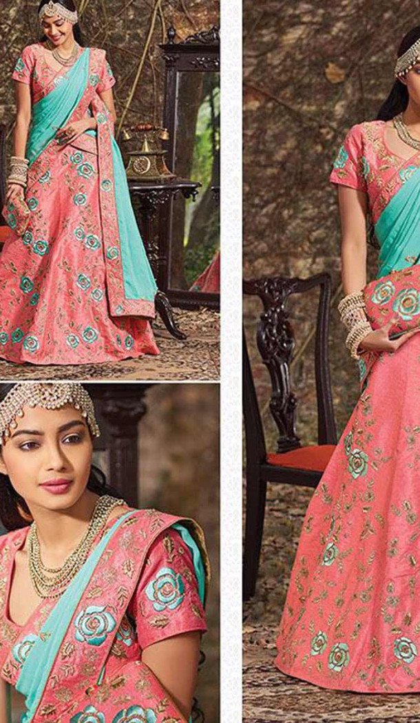 Salmon Color Raw Silk Circular Style Bridal Lehenga Choli | FH549182237