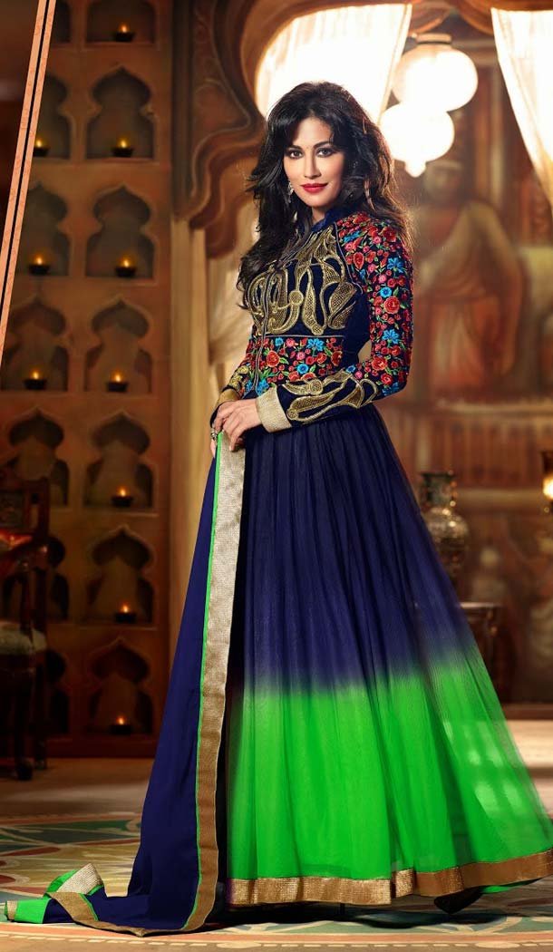 Shaded Blue and Neon Green Net Abaya Style Churidar Kameez with Jacket Shaded Blue and Neon Green Net Abaya Style Churidar Kameez with Jacket