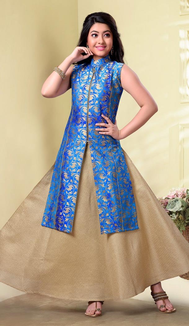 Sky Blue Color Jecard Silk,Havy Broket Party Wear Girls Salwar Kameez | 11142453