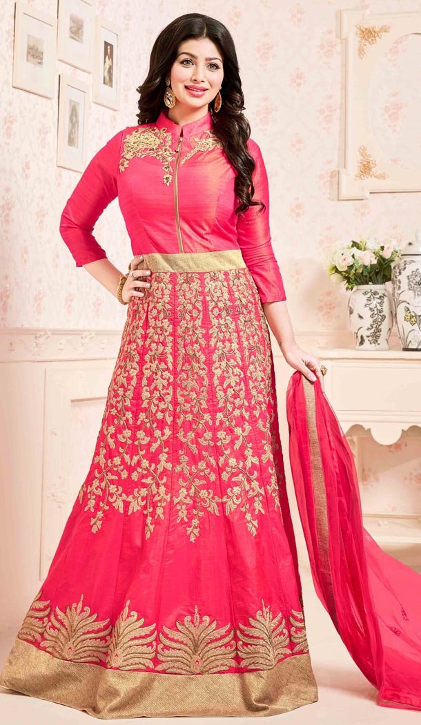 Celebrity Ayesha Takia Deep Pink Color Banarasi Silk Salwar Kameez | FH552782640