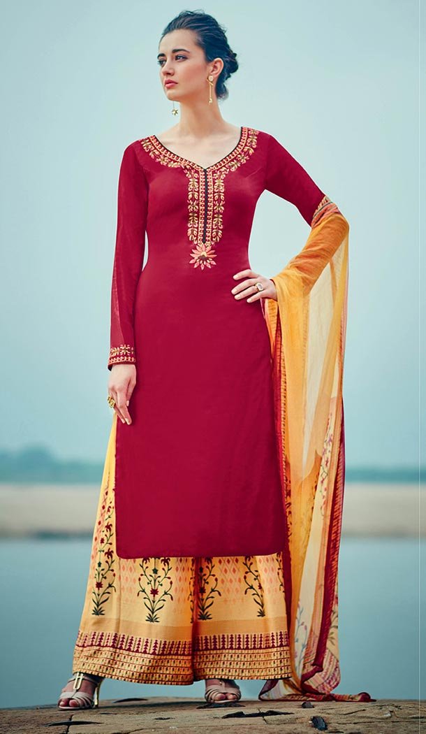 Crimson Color Cotton,Satin Straight Cut Style Evening Wear Palazzo Dresses | FH552982652