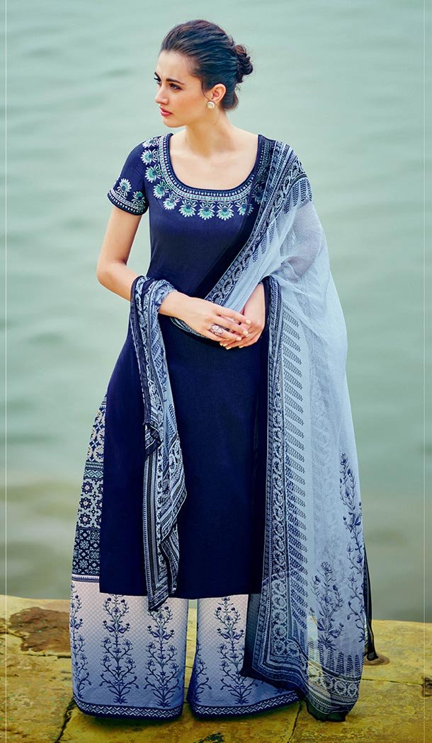 Deep Blue Color Cotton,Satin Straight Cut Style Evening Wear Palazzo Dresses | FH552982653