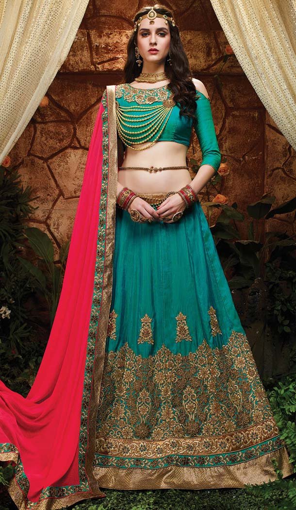Greenish Blue Color Silk Circular Style Indian Traditional Wear Lehenga Choli | FH555883000