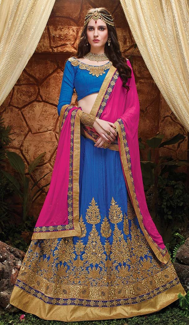 Azure Blue Color Silk Circular Style Indian Traditional Wear Lehenga Choli | FH555883005