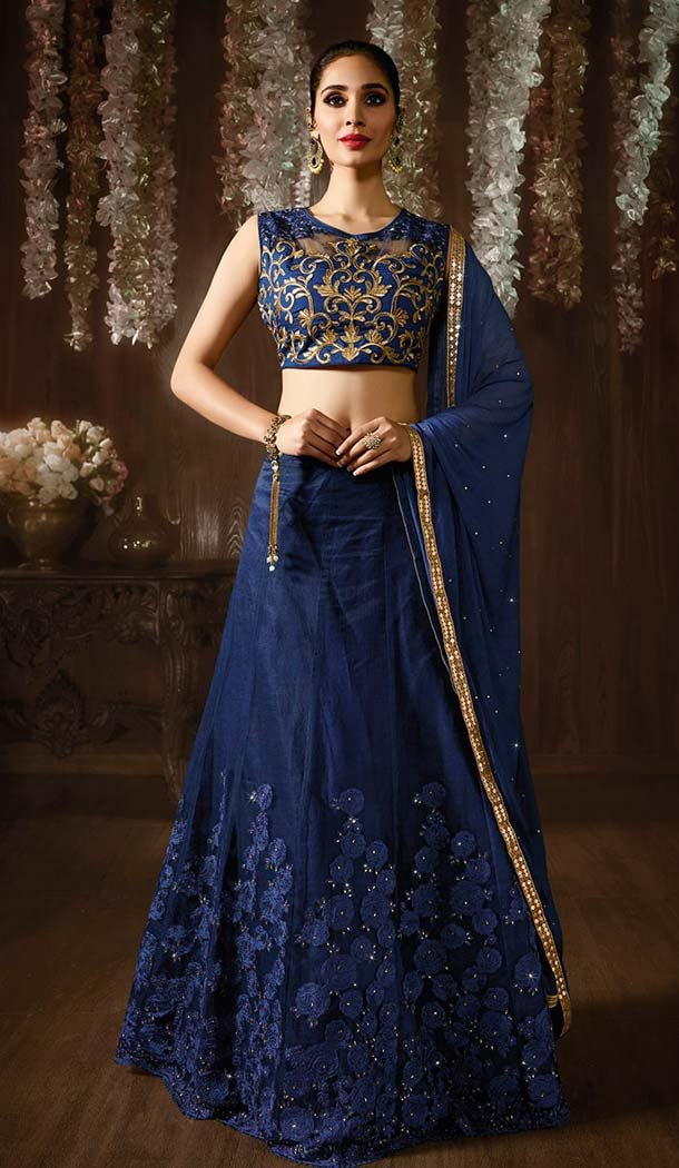 Raw Silk Blue Color Embroidery Party Wear Lehenga Choli | FH556183027
