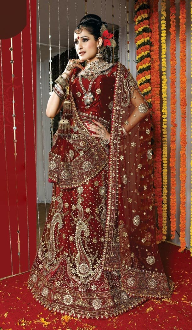 Bridal Indian Wedding Lehenga Choli in Maroon Color Net with Circular Style | FH558683324