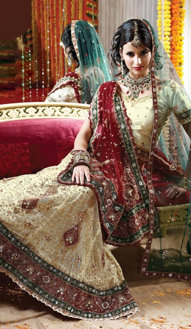 Bridal Indian Wedding Lehenga Choli in Beige Color Net with Circular Style | FH558683326