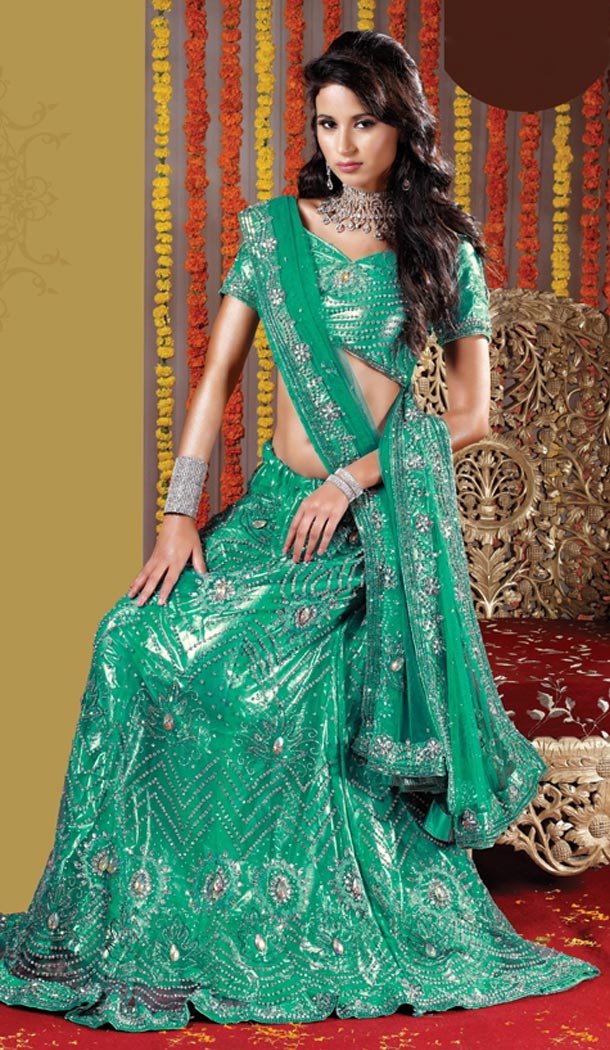 Bridal Indian Wedding Lehenga Choli in Emerald Color Net with Circular Style | FH558683333