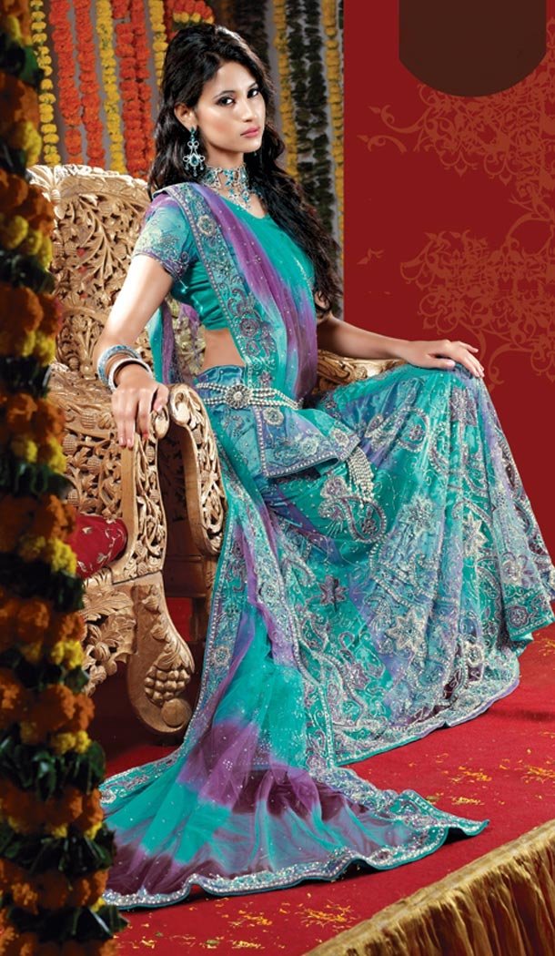 Bridal Indian Wedding Lehenga Choli in Turquoise Color Net with Circular Style | FH558683335