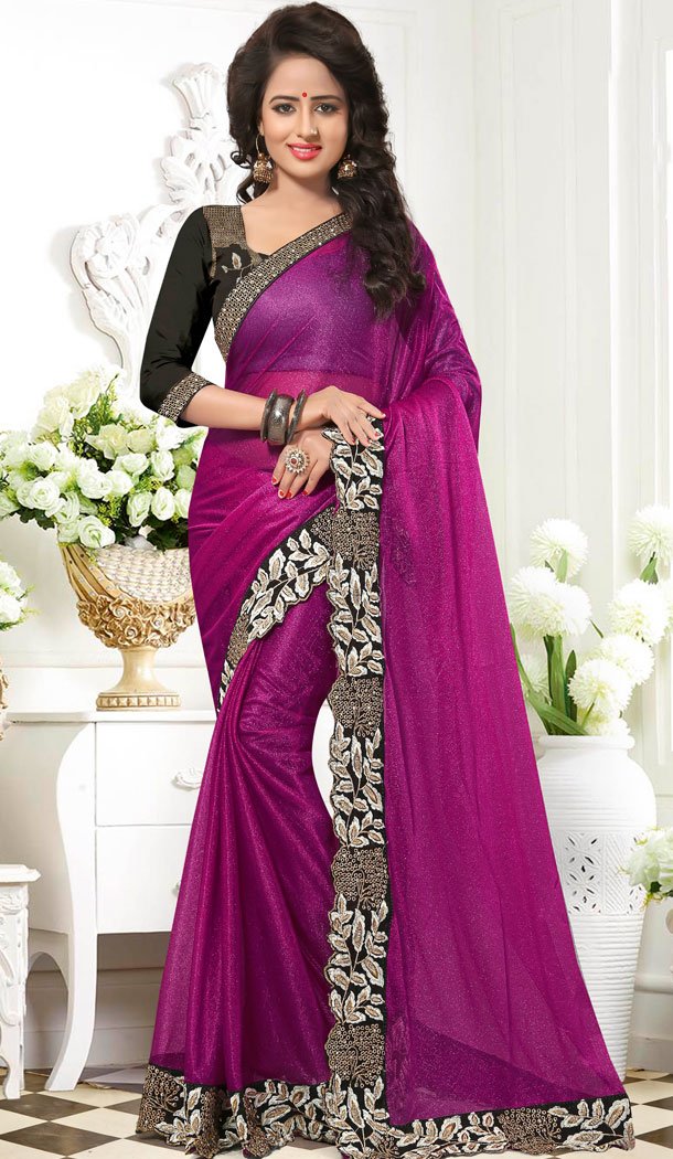 Fuchsia Color Lycra Lace Work Casual Wear Saree Blouse | FH559883447