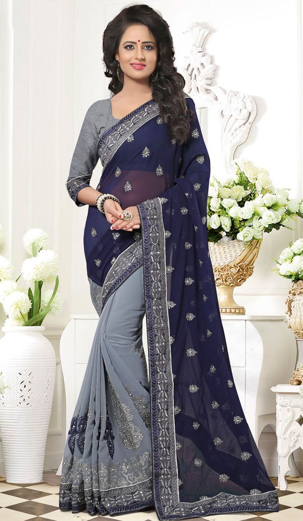 Navy Blue Color GeorgetteCrystals Stones Embroidery Party Wear Saree Blouse | FH559883451