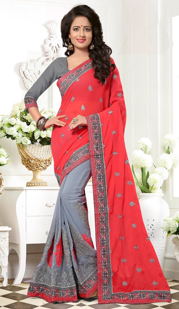Slate Grey Color GeorgetteCrystals Stones Embroidery Party Wear Saree Blouse | FH559883452