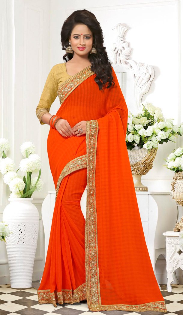 Orange Color Chiffon Lace Beads Work Party Wear Saree Blouse | FH559883456