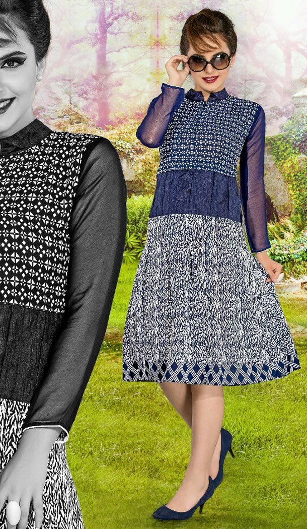Navy Blue Color Georgette Printed A-line Style Readymade Kurti | FH561683662
