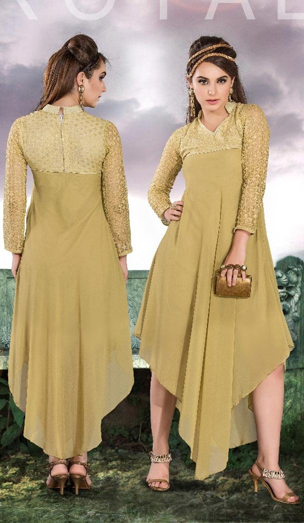 Tan Brown Color Georgette Printed A-line Style Readymade Kurti | FH561683664