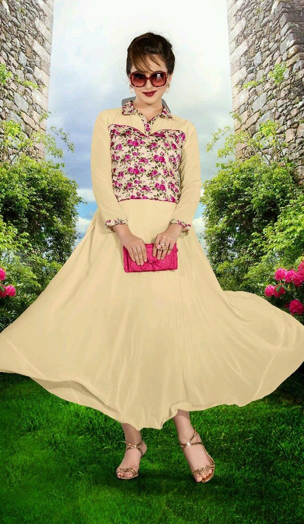 Beige Color Georgette Printed A-line Style Readymade Kurti | FH561683666