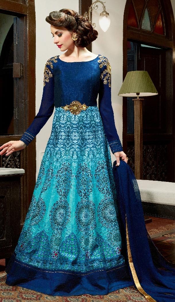 Blue Color Silk Digital Print Long Pakistani Eid Festive Salwar Kameez | FH562883813