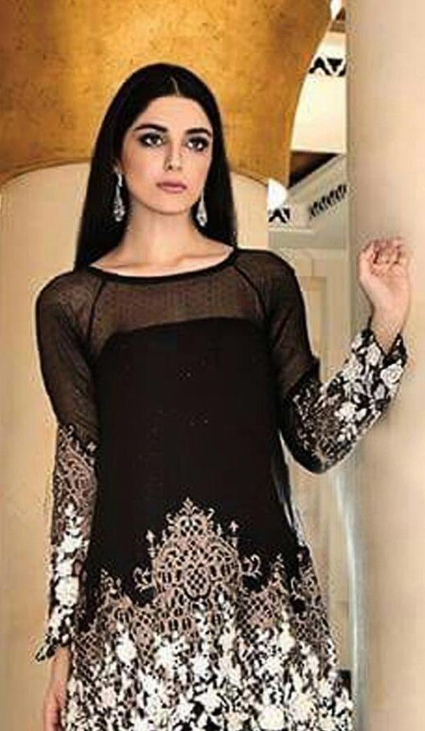 Black Color Georgette Embroidered Straight Cut Palazzo Suit | FH563183844