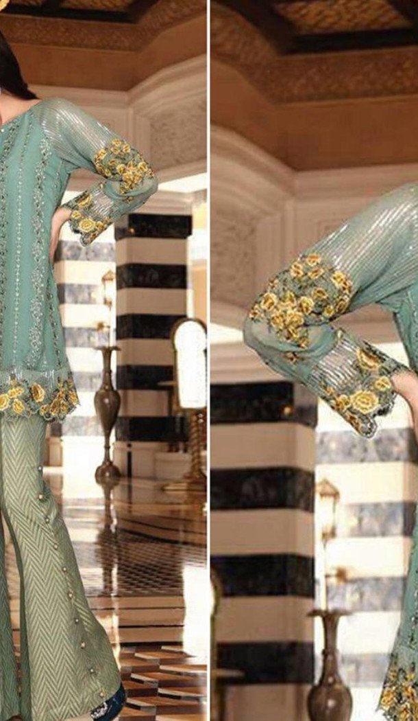 Grey Color Georgette Embroidered Straight Cut Palazzo Pants Suit | FH563183846
