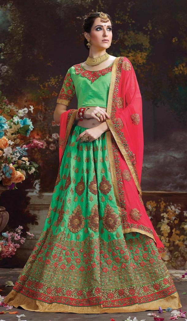 Green Color Silk Embroidered Traditional Circular Lehenga Choli | FH564584024