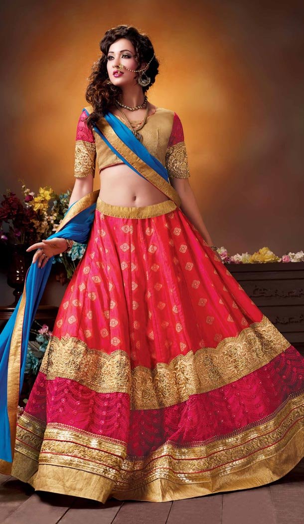 Crystals Stones Silk Deep Pink Color Party Wear Circular Lehenga Choli | FH564684035